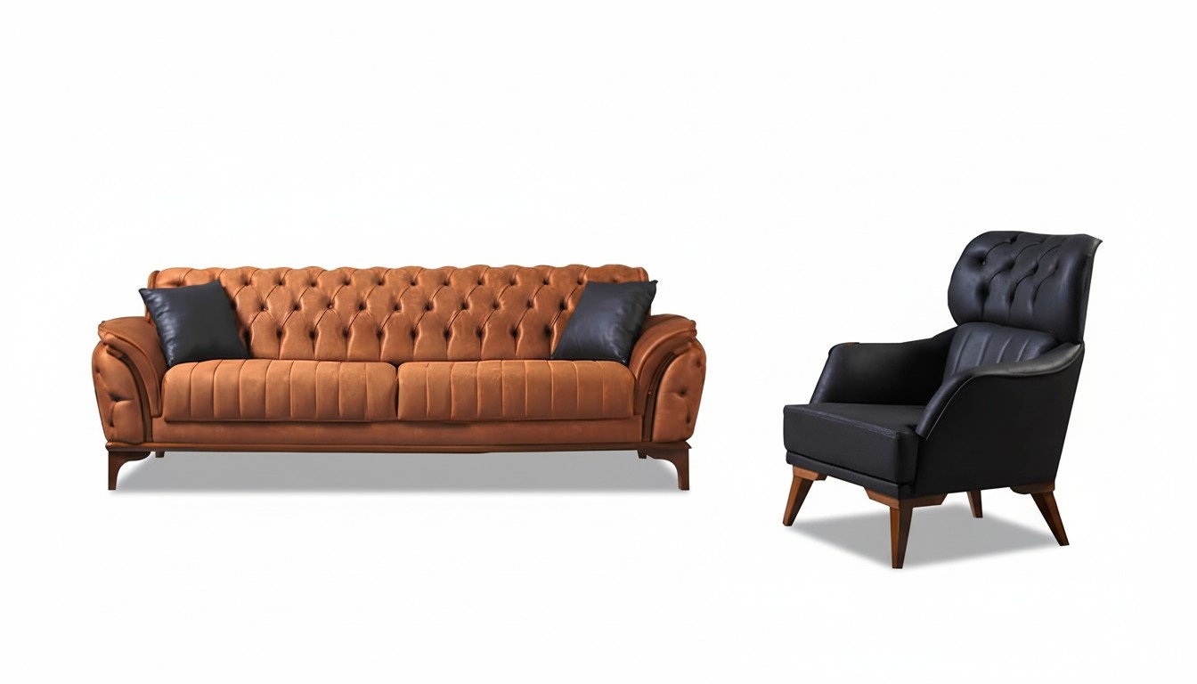 Orange-Schwarz Chesterfield Garnitur LuxuriÃ¶ser Dreisitzer Sessel 2tlg