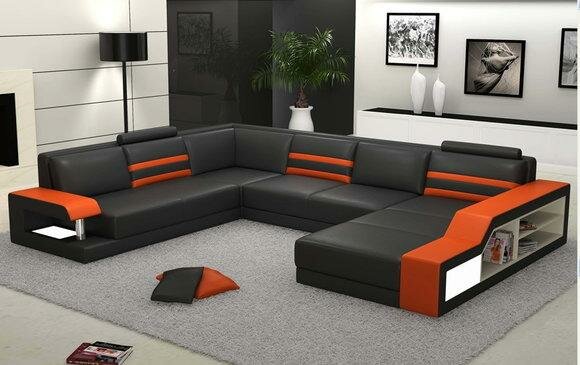 Ecksofa Sofa Couch Polster Leder Garnitur Wohnlandschaft Ecke Wohn Orange PHX1