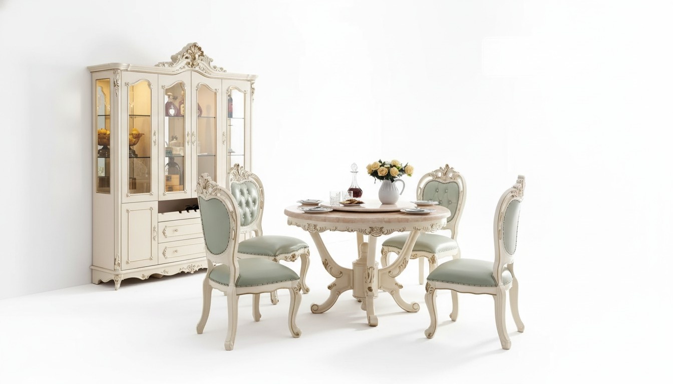 PerlweiÃ Esszimmer Set Esstisch 6Ñ StÃ¼hle Vitrine 8tlg Luxus-Set