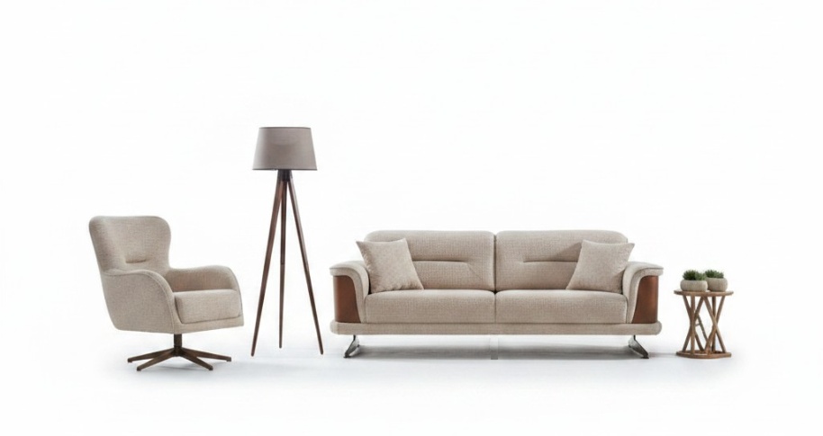 Polstersofa Couchgarnitur Dreisitzer Sessel Beige Couch Stoffsofa 2tlg