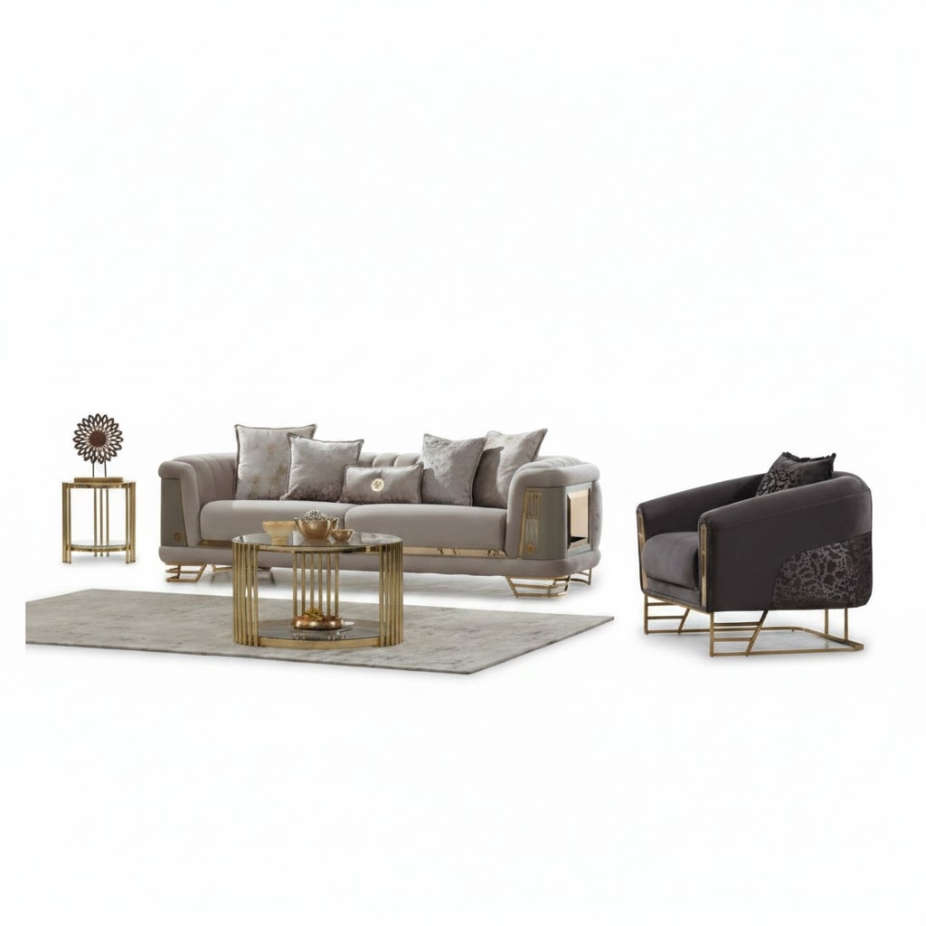 Polstersofa Couchgarnitur Dreisitzer Sessel Beige Couch Stoffsofa 2tlg
