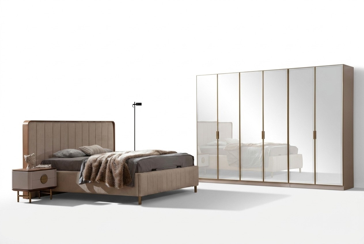 Praktisch Schlafzimmer Set Ãsthetisch Bett mit 2x Nachttische Kleiderschrank Neu