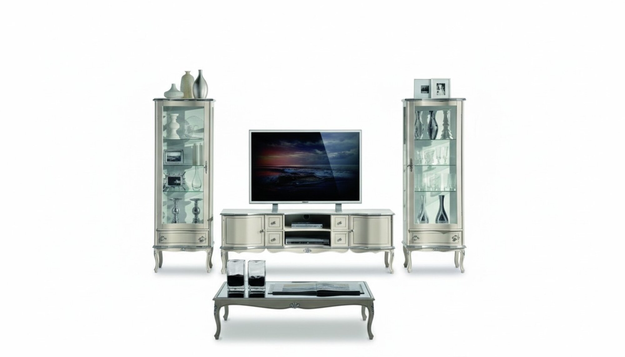 Schicke Set Garnitur 3tlg Rtv mit 2x Vitrine Italienische MÃ¶bel Wohnwand Schrank