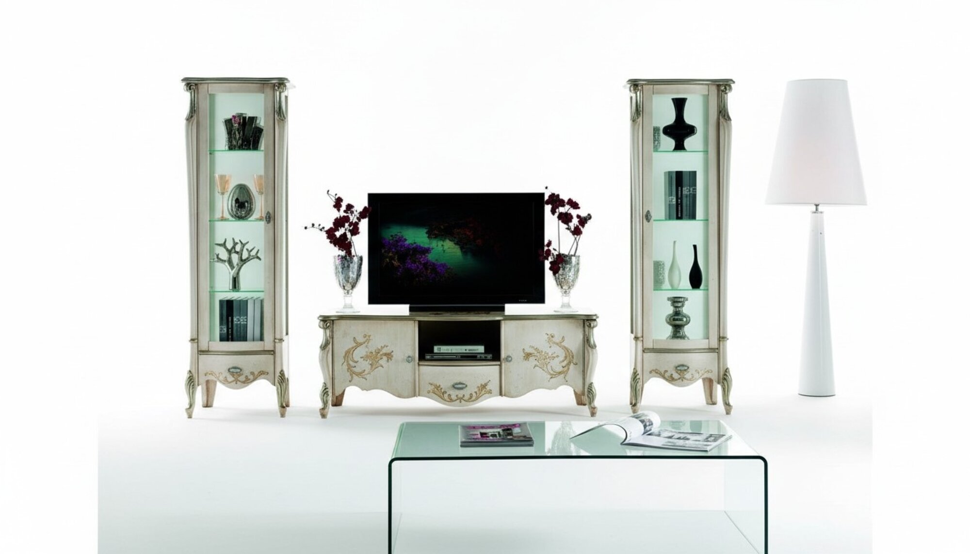 Schicke Set Garnitur 3tlg Rtv mit 2x Vitrine Italienische MÃ¶bel Klassische Stil