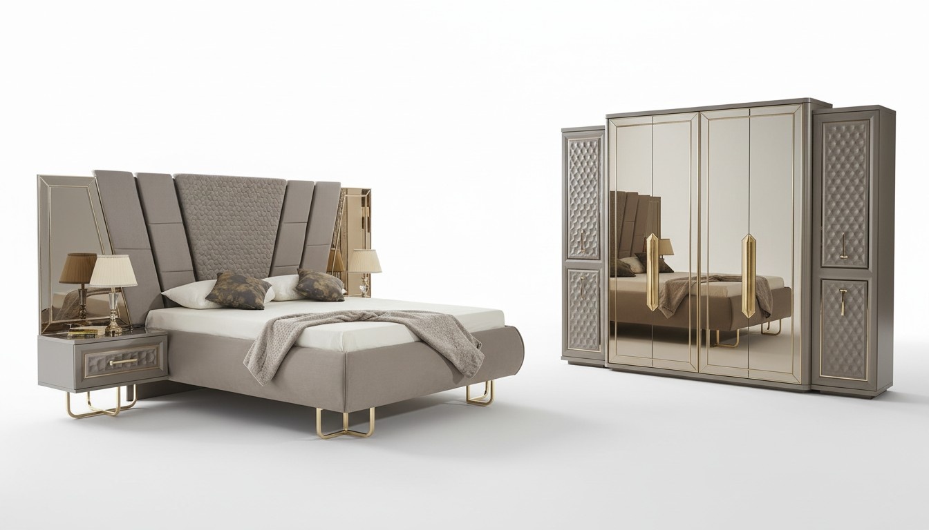 Schlafzimmer 2 Nachttische + Bett + Kleiderschrank 3-tlg. Komplettes MÃ¶bel Set