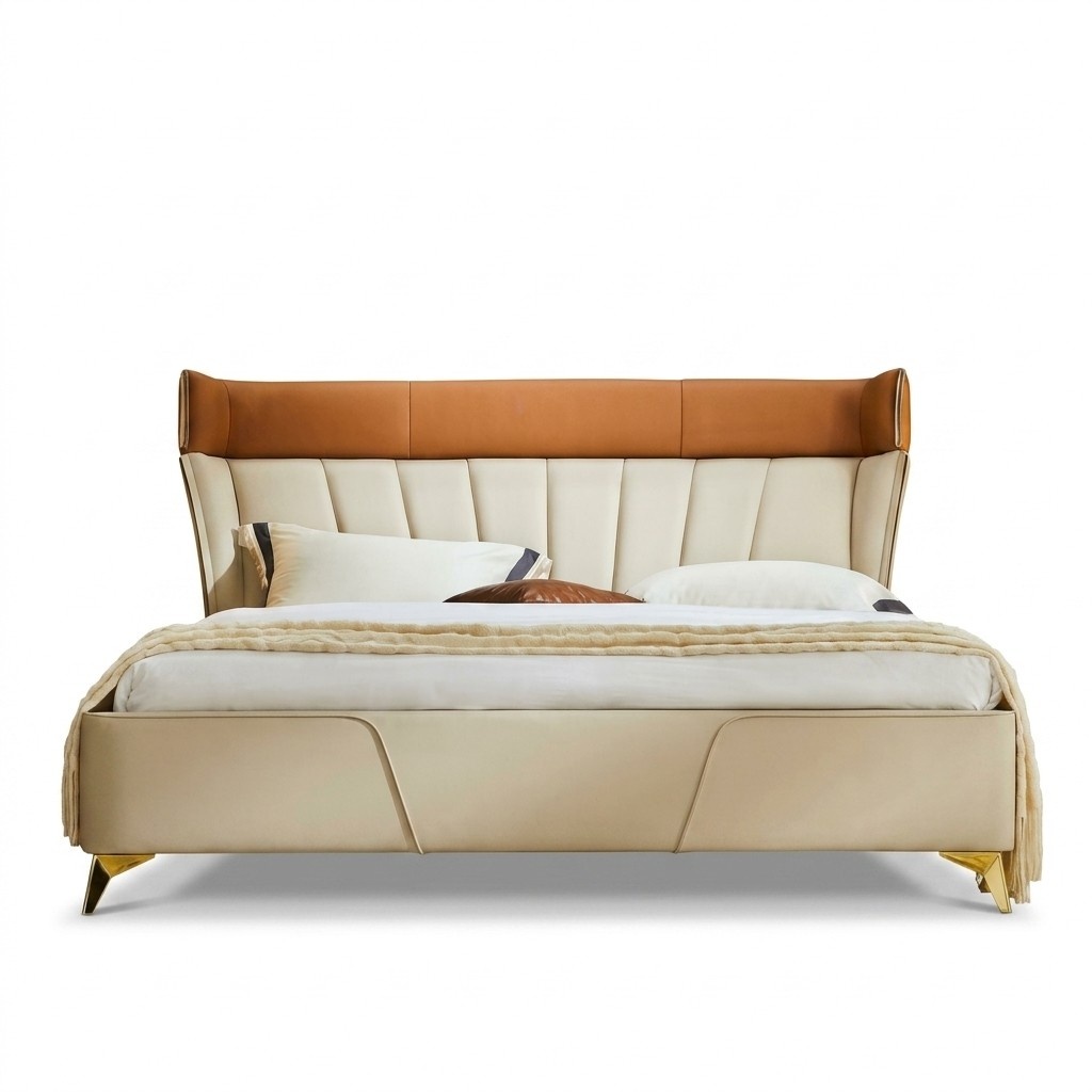 Schlafzimmer Beiges Doppelbett Lederbetten Holzgestell Textil MÃ¶bel