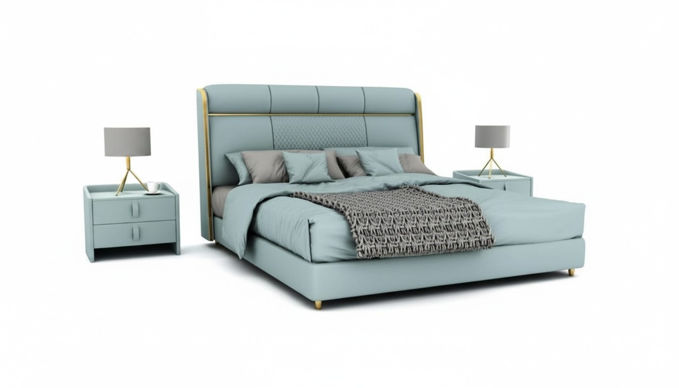 Schlafzimmer Blaues Doppelbett Designer Betten Holzgestell Luxus MÃ¶bel