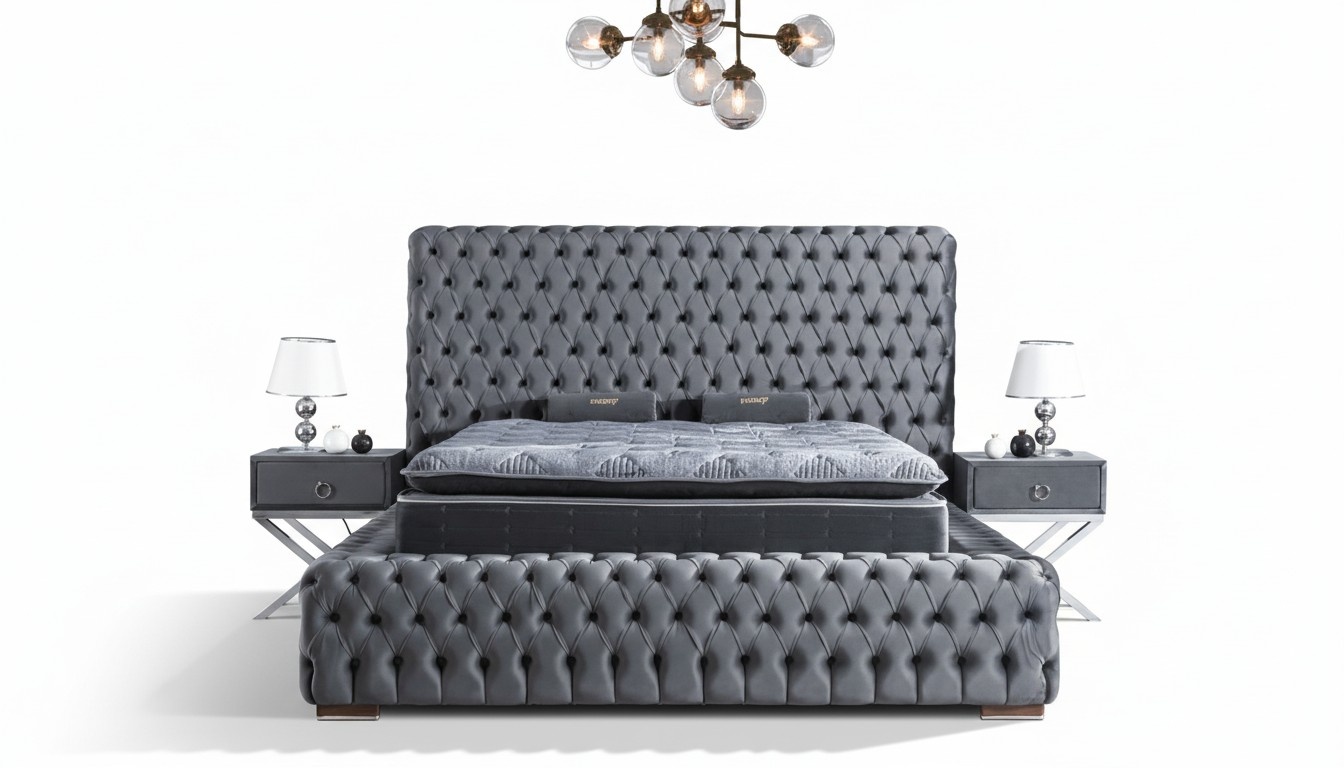 Schlafzimmer Chesterfield Bett 3tlg. 2x Nachtische Samt mit Matratze
