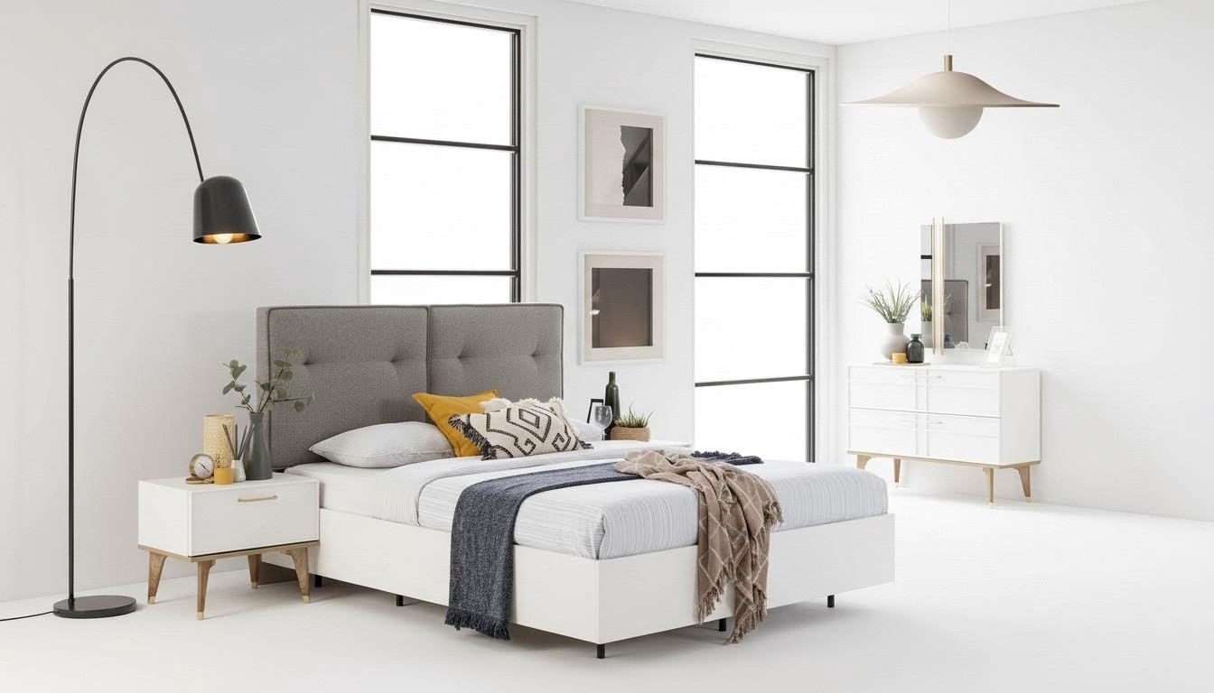 Schlafzimmer Garnitur Doppelbett Komplette Bett WeiÃ Stoff 3tlg Modern