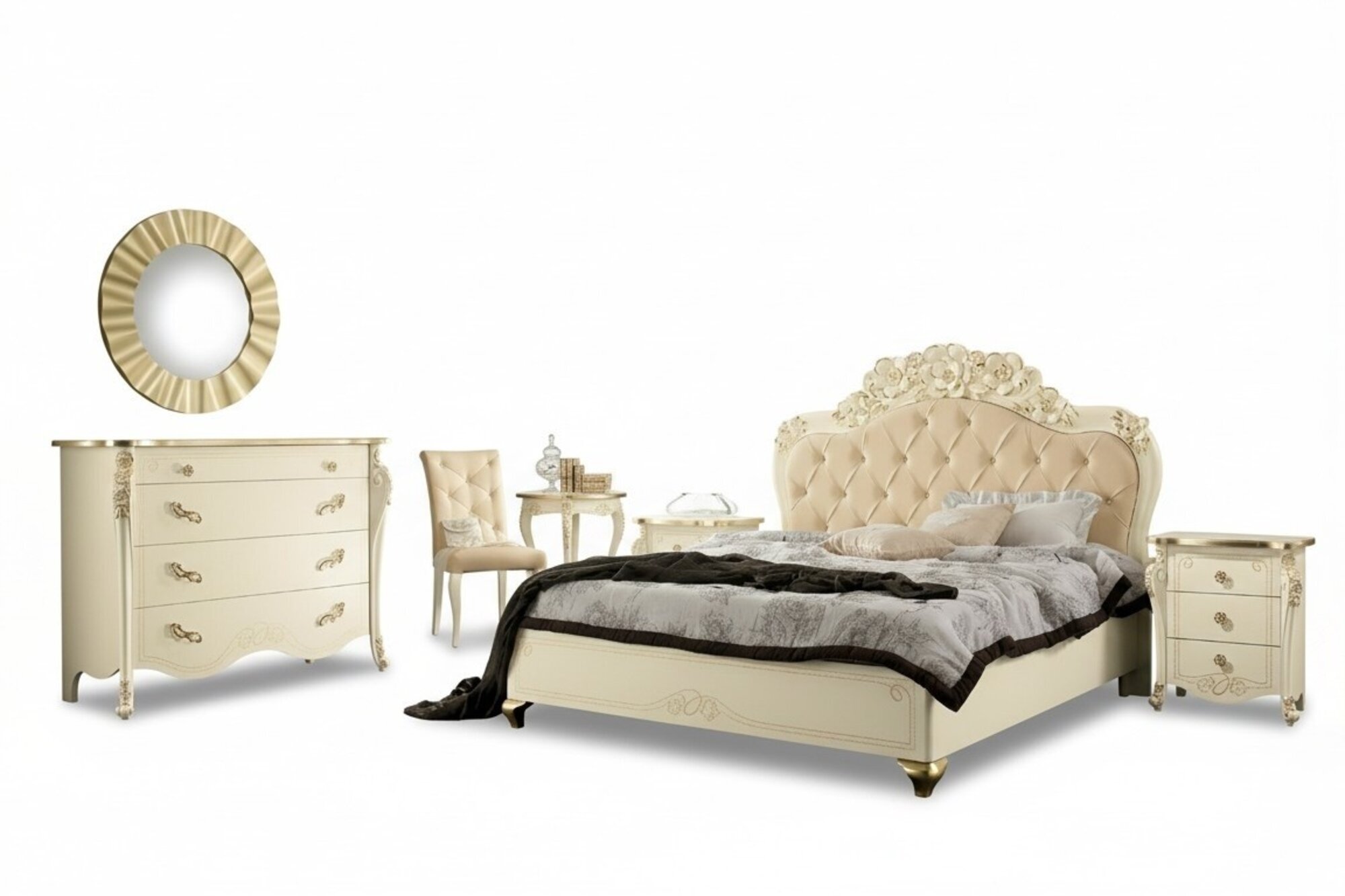 Schlafzimmer Set Beige Schlafzimmer Bett Nachttisch Kommode Spiegel Stuhl 6tlg.