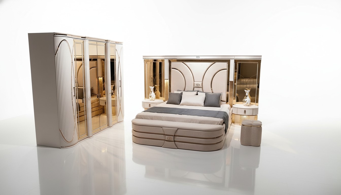 Schlafzimmer Set Bett 2x Nachttische Hocker Luxus 5tlg Design Holz