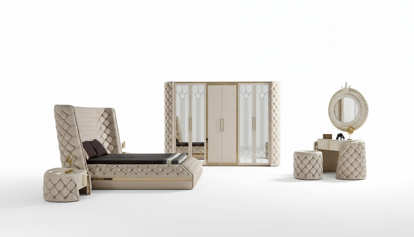 Schlafzimmer Set Chesterfield MÃ¶bel Design Bett Kleiderschrank Spiegel 7tlg