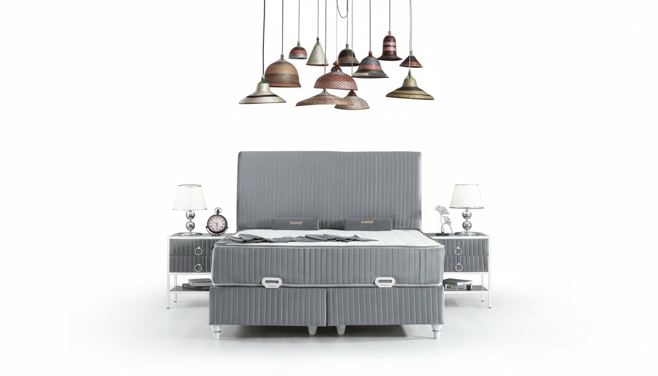 Schlafzimmer Set Grau Metall Bett Elegantes Design 2x Nachttische 3tlg