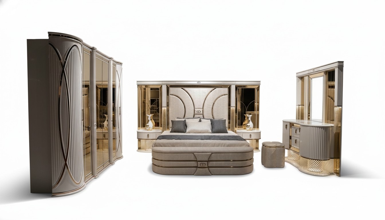 Schlafzimmer Set Komplettes Bett 2x Nachttische Kleiderschrank 7tlg
