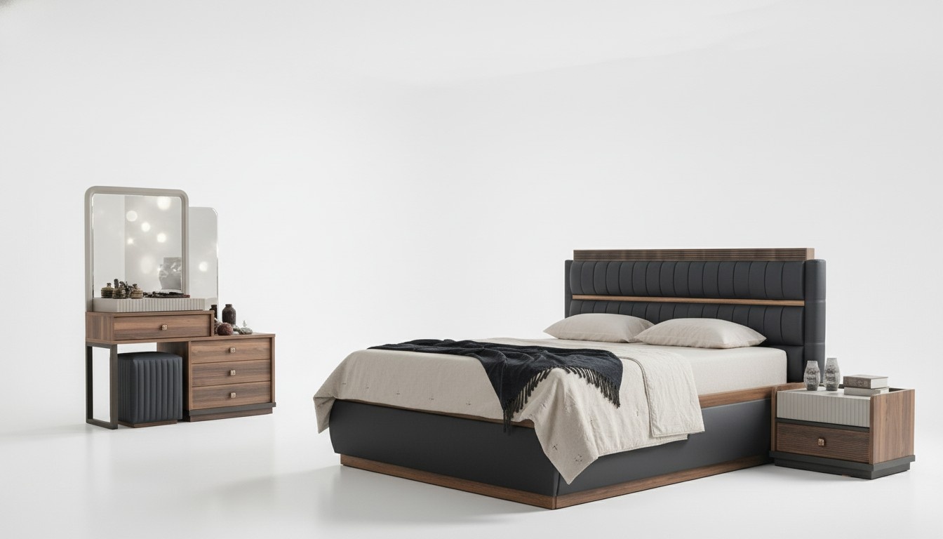 Schwarz-Braune Schlafzimmer Möbel Modernes Doppelbett Kosmetiktisch 4tlg