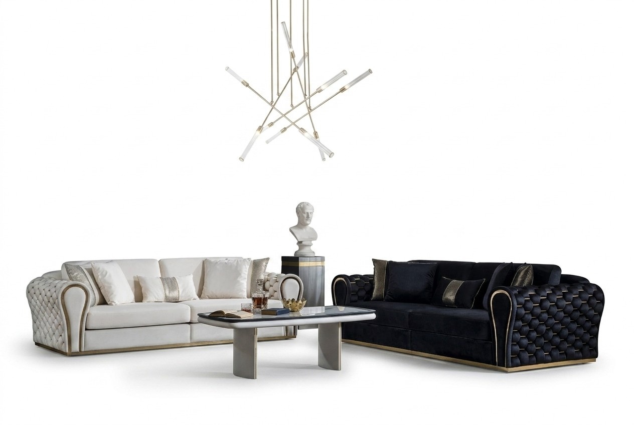 Schwarz WeiÃe Sofagarnitur 3+3 Designer Sitzer Luxus Polster 2x Sofas