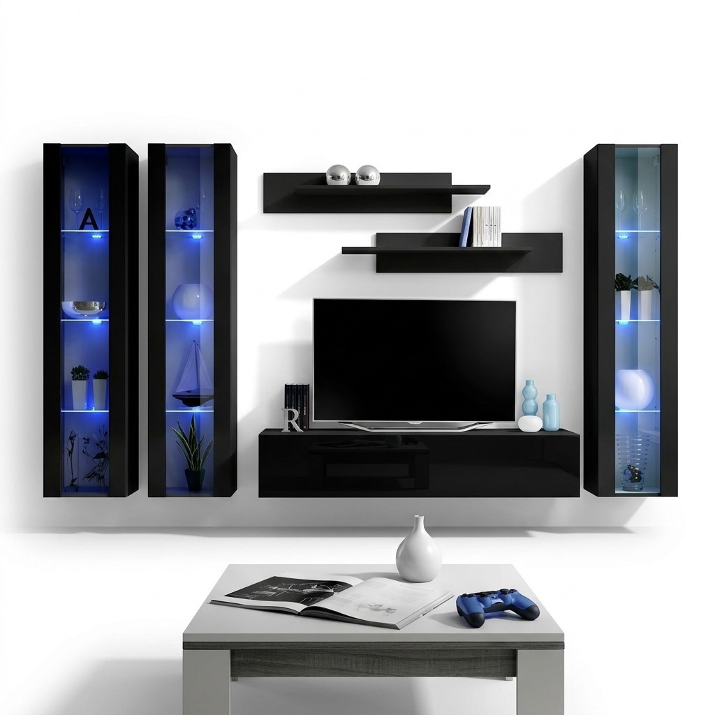 Schwarz Wohnwand HÃ¤nge Vitrine Set 6 tlg Wohnzimmer Garnitur Modern HolzmÃ¶bel