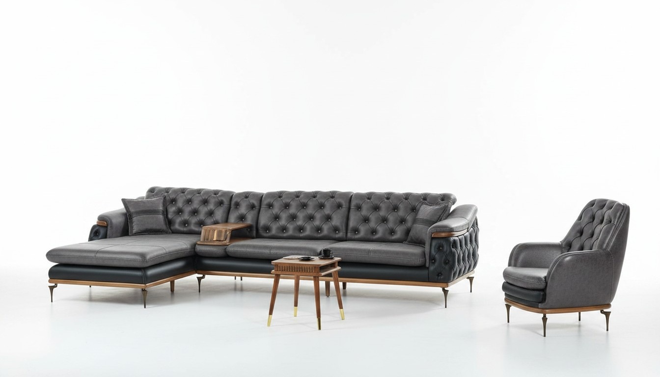 Schwarz Wohnzimmer Set Ecksofa L-Form Sessel Chesterfield Komplett