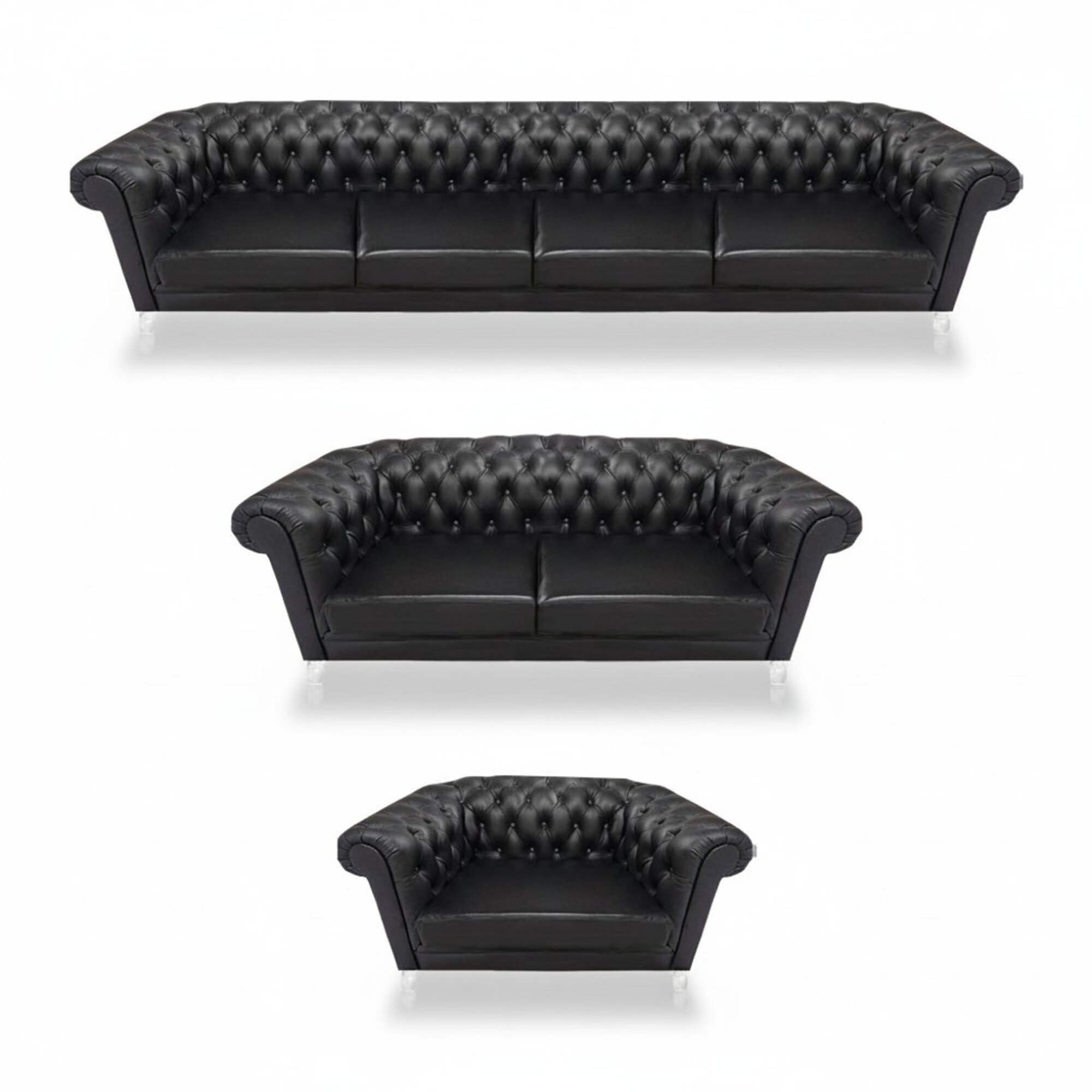 Schwarze Chesterfield Ledergarnitur Designer 4-Sitzer Zweisitzer Sessel