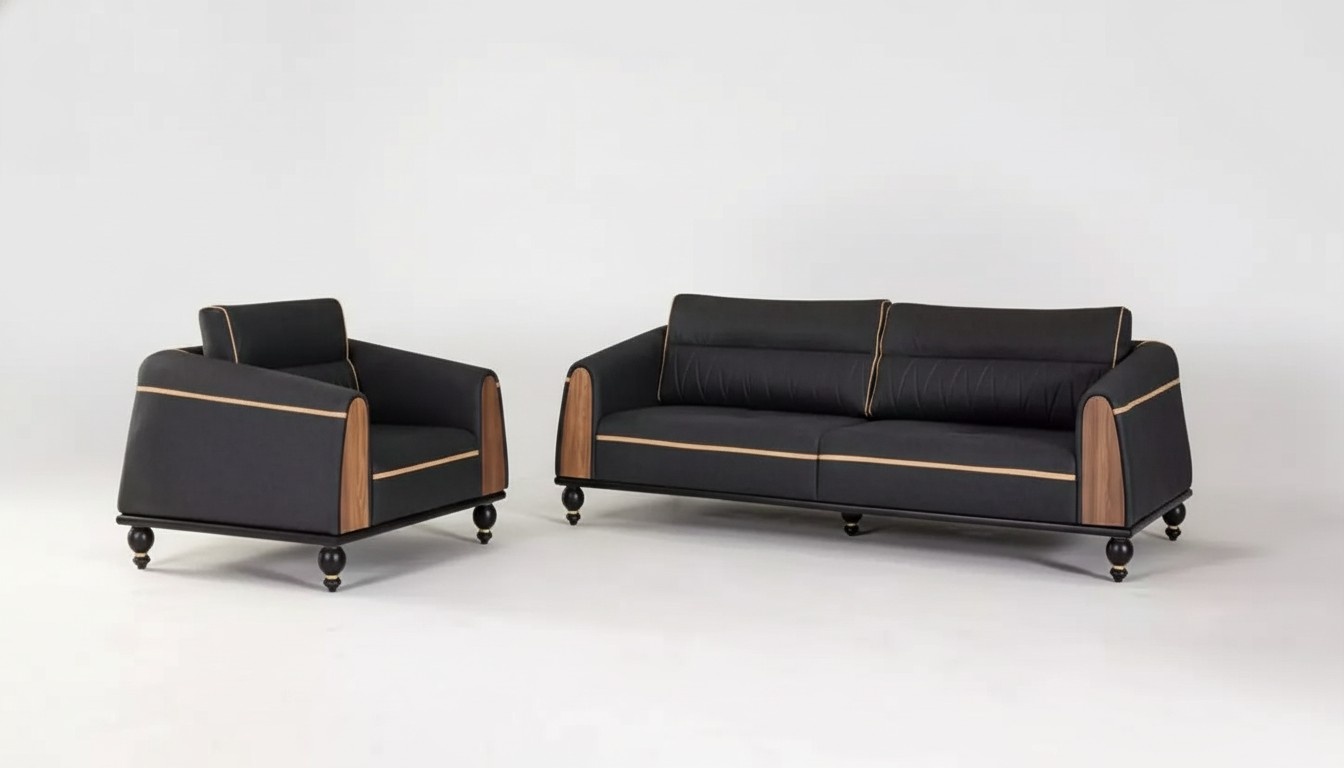 Schwarze Sofas Set Moderne Garnitur Dreisitzer Sessel StoffmÃ¶bel 2tlg