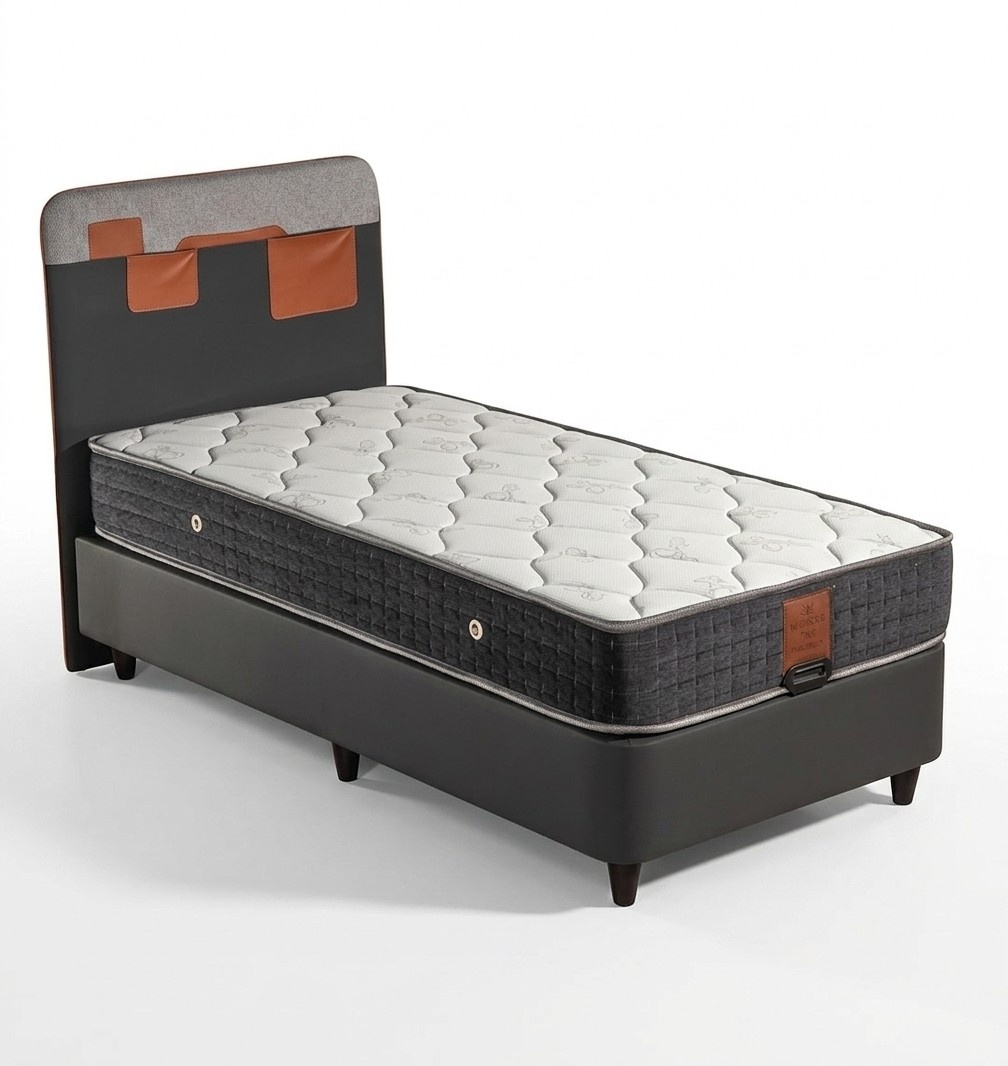 Schwarzes Holz-Textil Bett mit Matratze modern und elegant