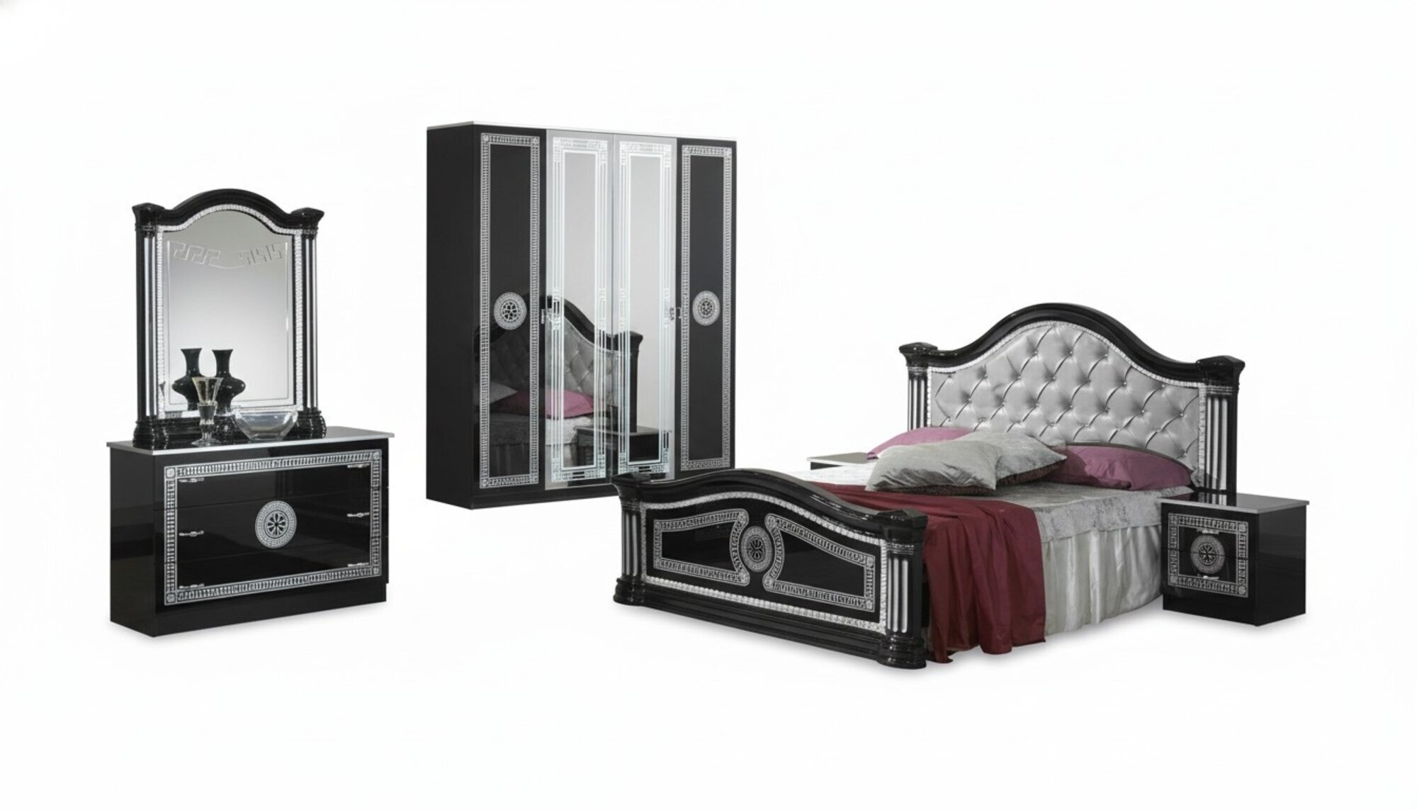 Schwarzes Schlafzimmer Komplett Set Kommode Stil Bett Garnitur 6tlg.