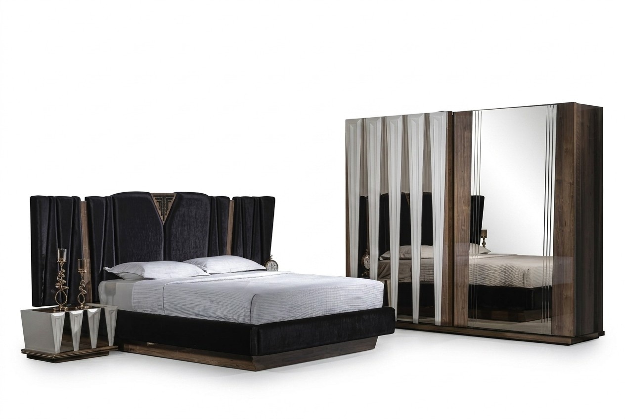 Schwarzes Schlafzimmer-Set aus Holz mit modernem Design