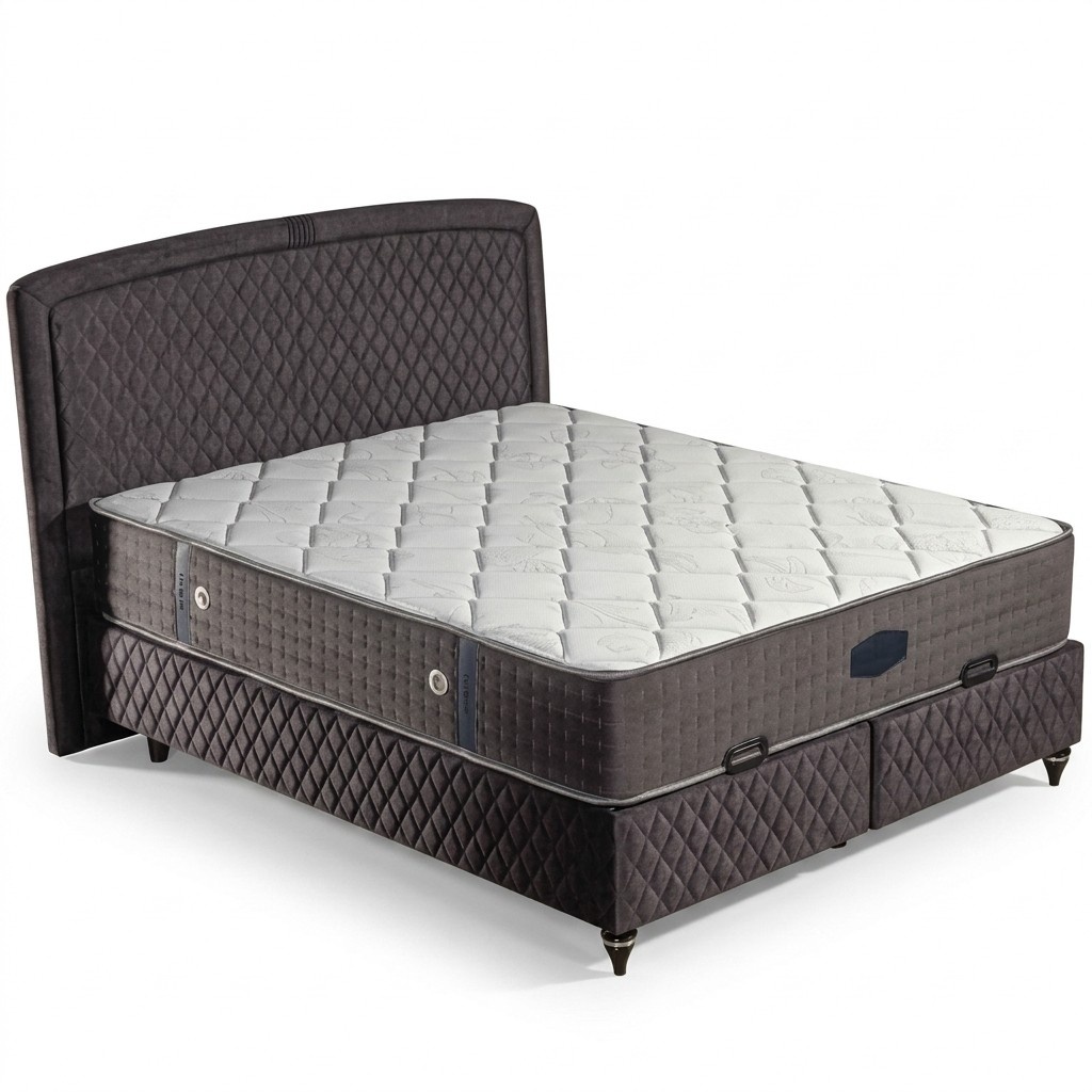Schwarzes Textil-Holz Bett mit Matratze modern und elegant