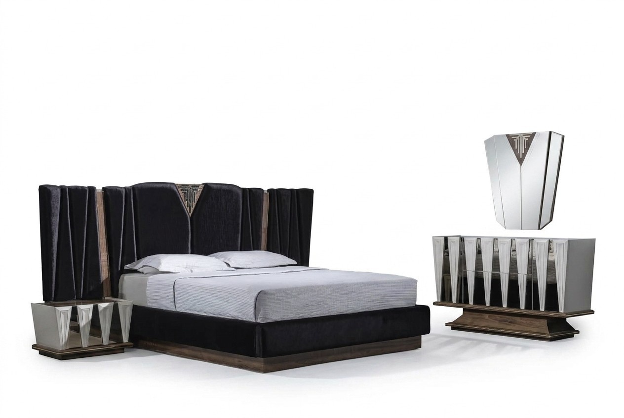 SchwarzweiÃes Schlafzimmer-Set aus Holz mit Spiegel und modernen