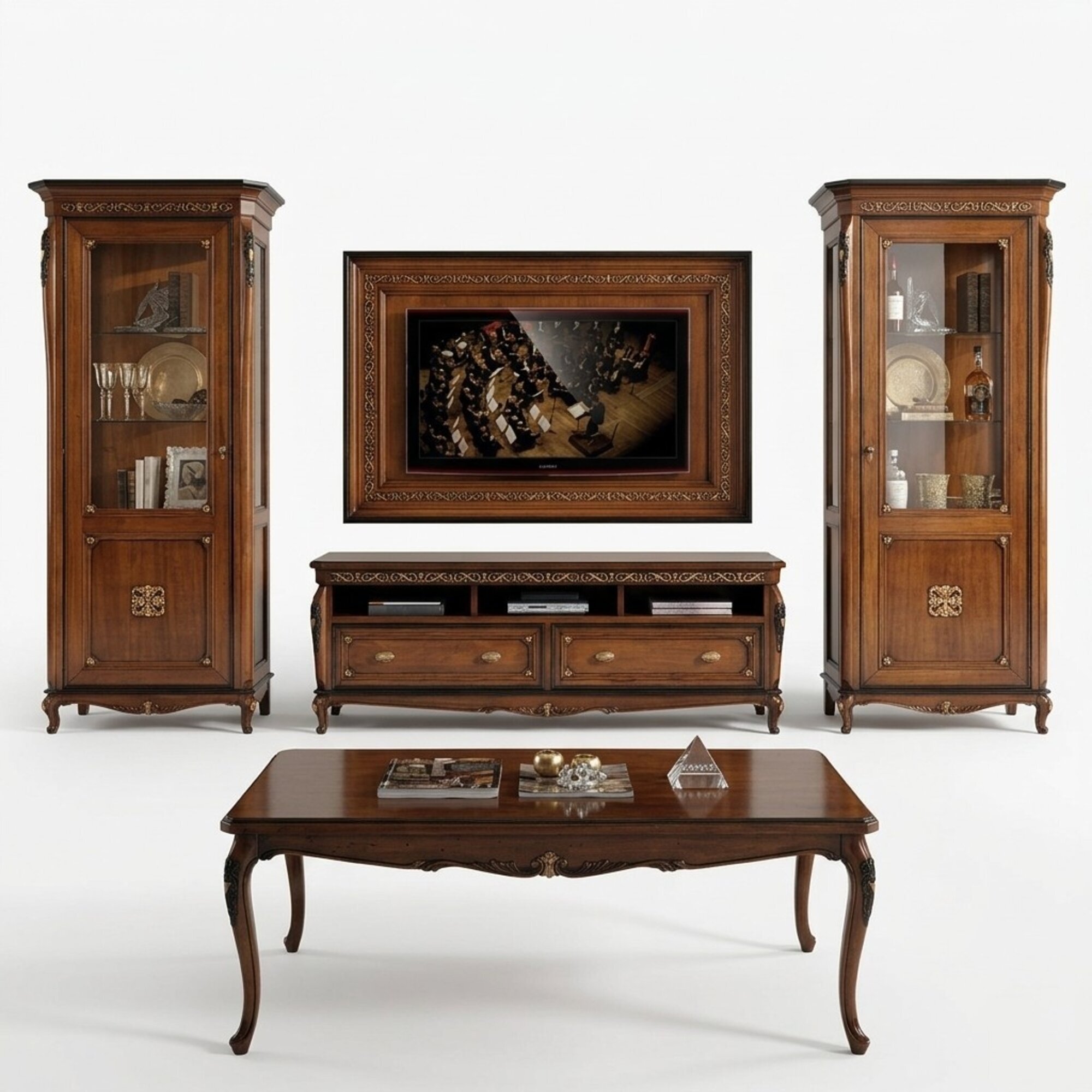 Set 4tlg. Wohnzimmer rtv Kommode Vitrine Couchtisch Holz Luxus Garnitur Gruppe