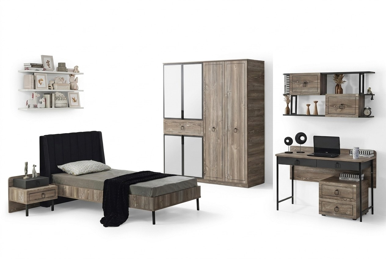 Set Bett Nachttisch Schreibtisch Modernes Design Schwarz Kinderzimmer 3-teilig