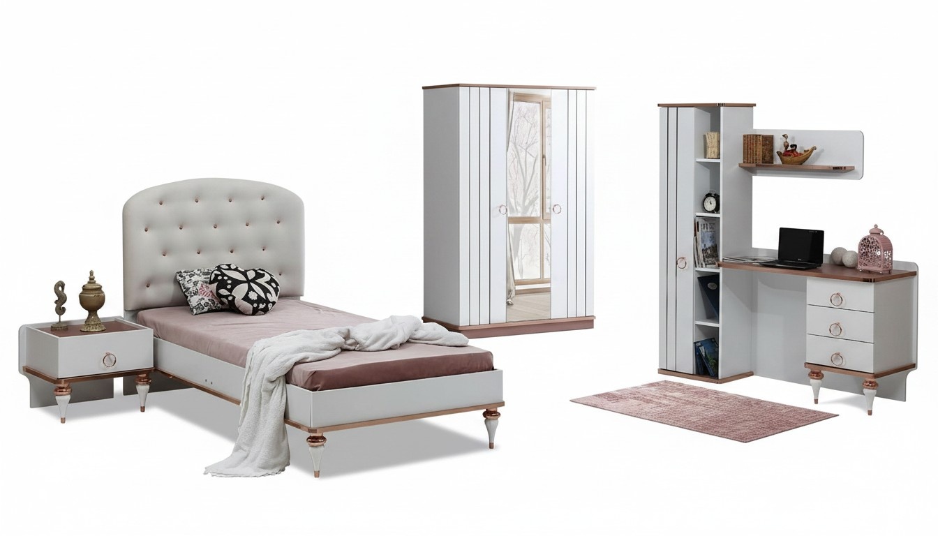 Set Bett Nachttisch Schreibtisch Modern Elegant WeiÃ Design Kinderzimmer 3-tlg