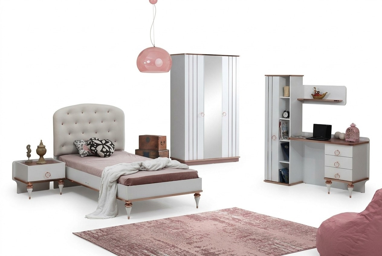 Set Bett Nachttisch Schreibtisch Kleiderschrank Modern Stil WeiÃ Kinderzimmer