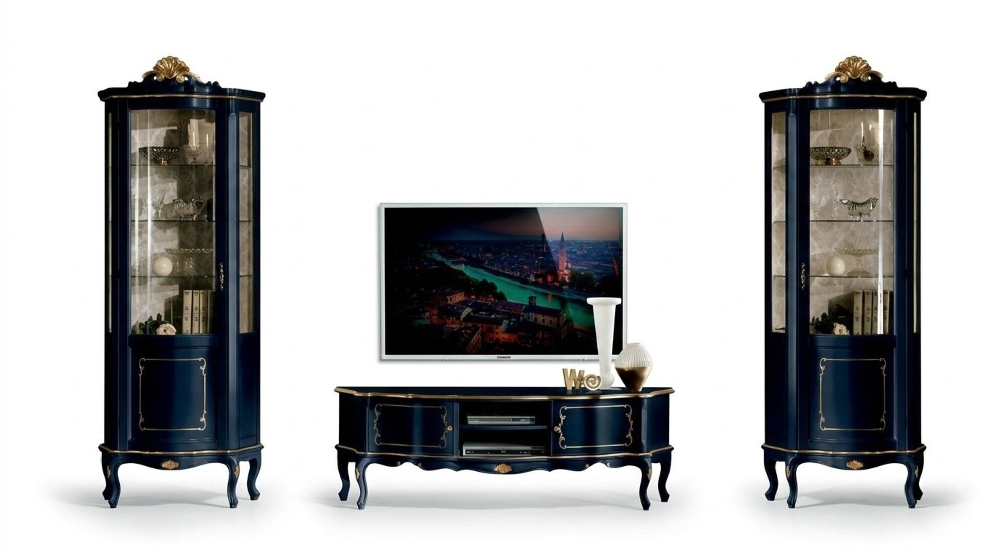 Luxus Set Garnitur 3tlg rtv mit 2x Vitrine Blau Italienische Luxus MÃ¶bel Barock Stil