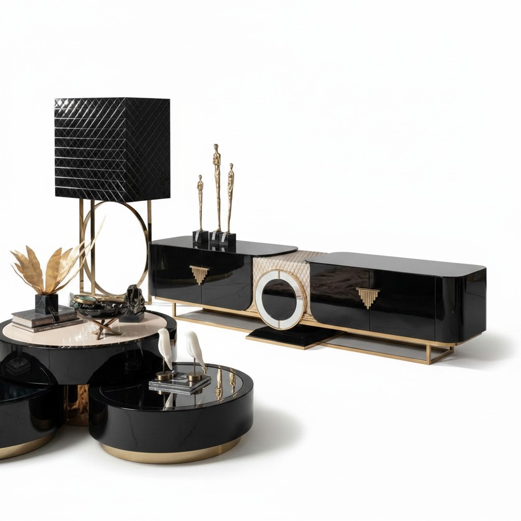 Set Lowboard Vitrine Wohnzimmer Dunkles Edelstahl Regale Modern 3tlg