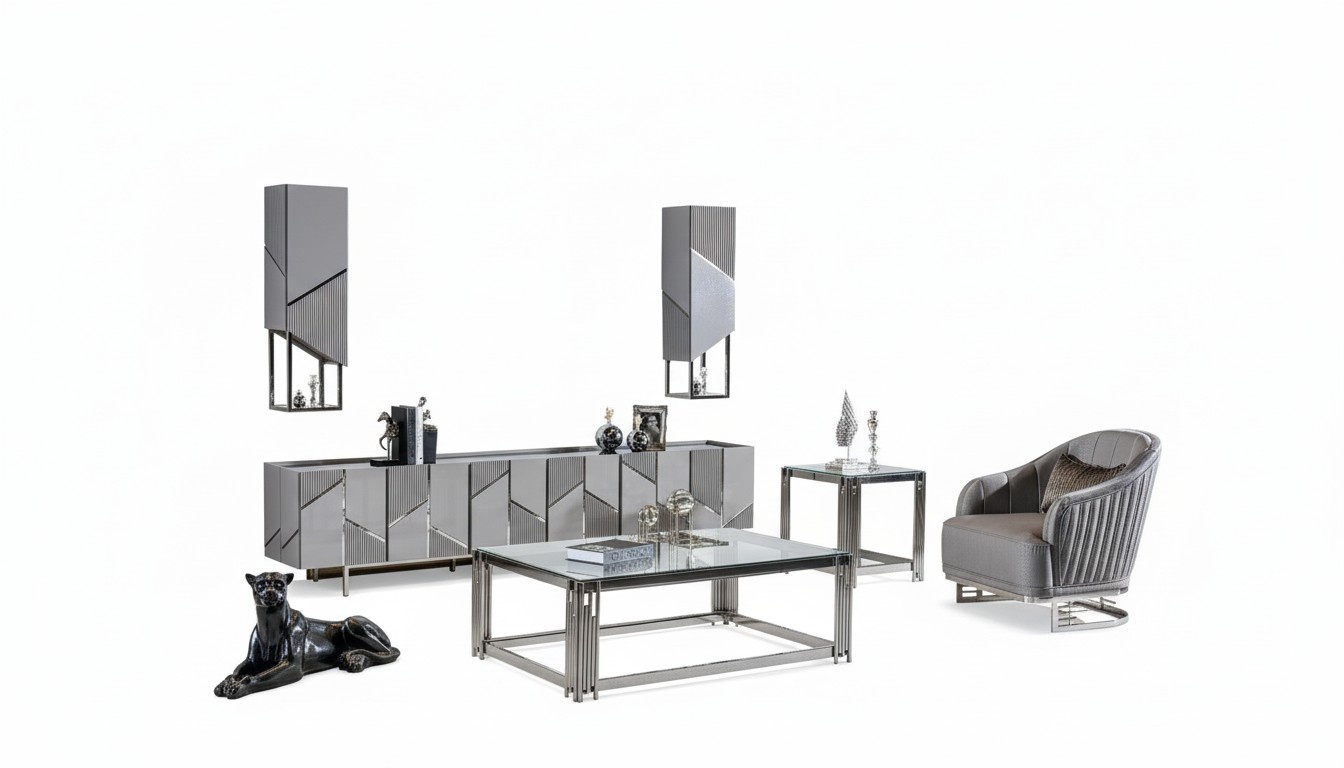 Set TV-StÃ¤nder Sessel Couchtisch Beistelltisch Wohnzimmer 4tlg grau neu