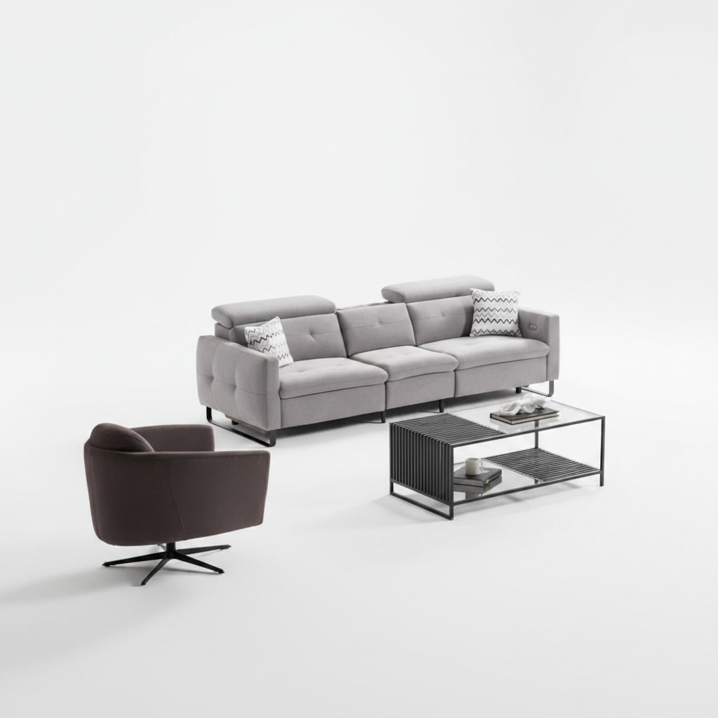 Sofa Couch Wohnzimmer Set Sofagarnitur 3+1 Grau Stoff Sofas MÃ¶bel set