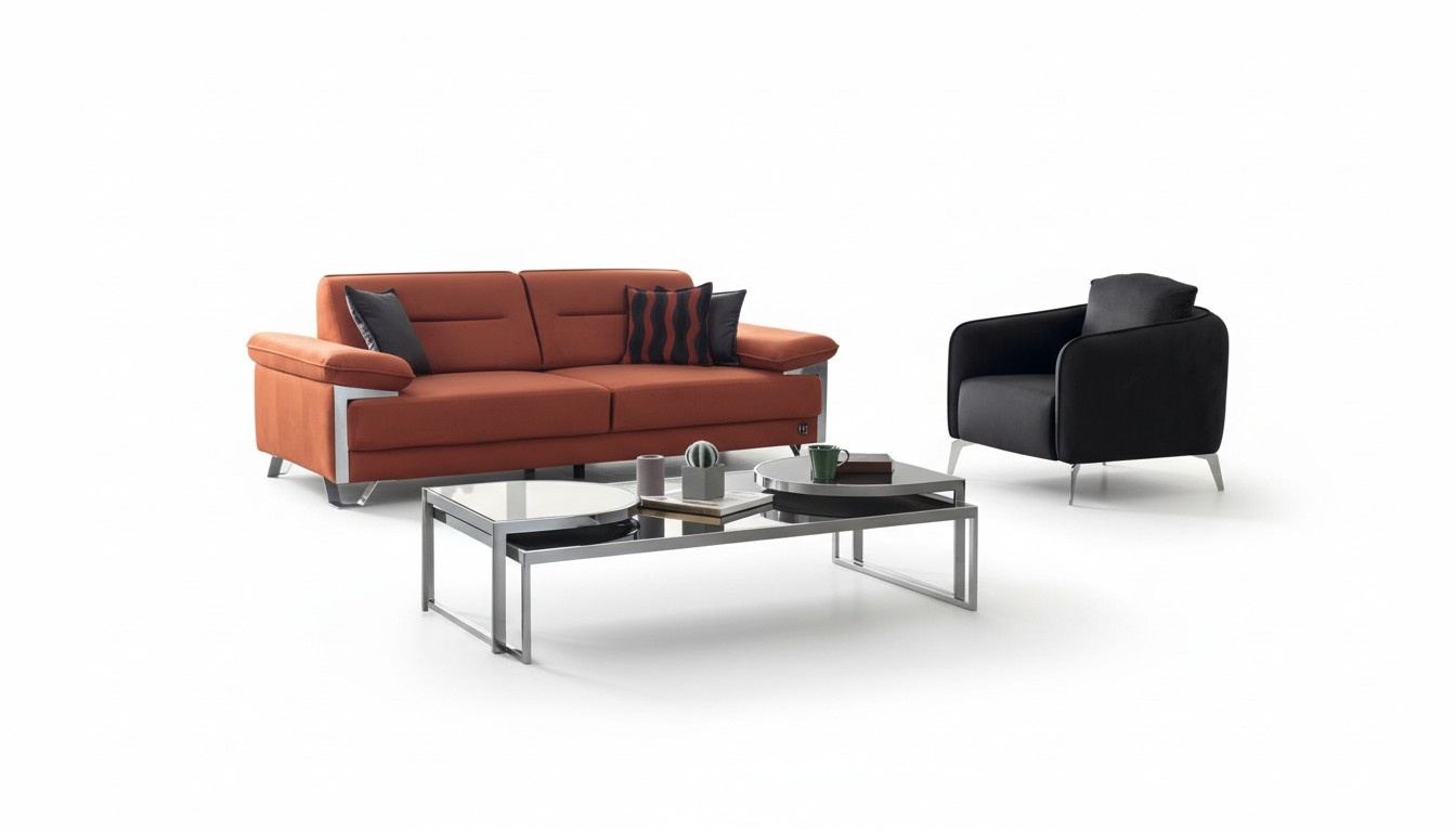 Sofagarnitur 3+1 Sitzer Terrakotta Anthrazit Stoff ChromfÃ¼Ãe Modern Design