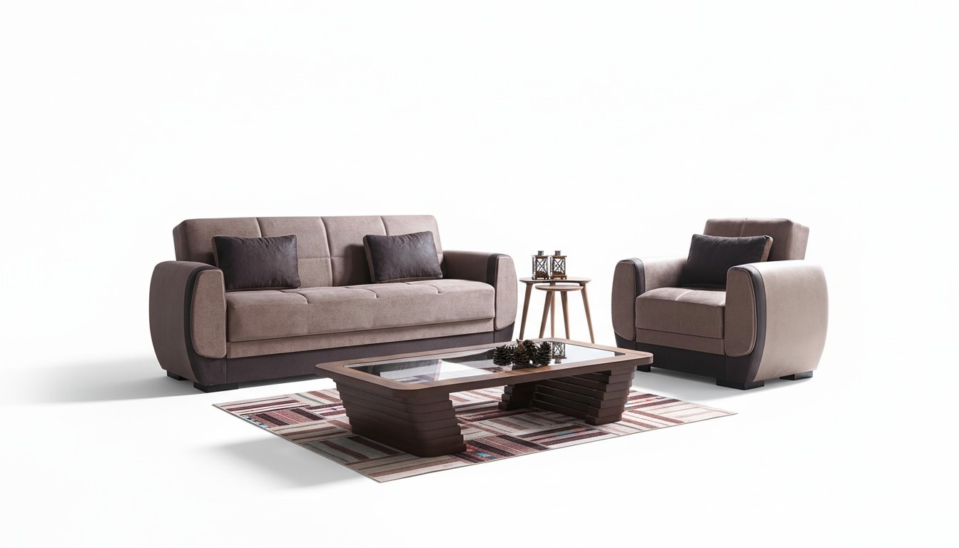 Sofagarnitur 3+1 Sitzer Textil Holz Sofa 3 Sitzer Modern Sessel Komplett Set