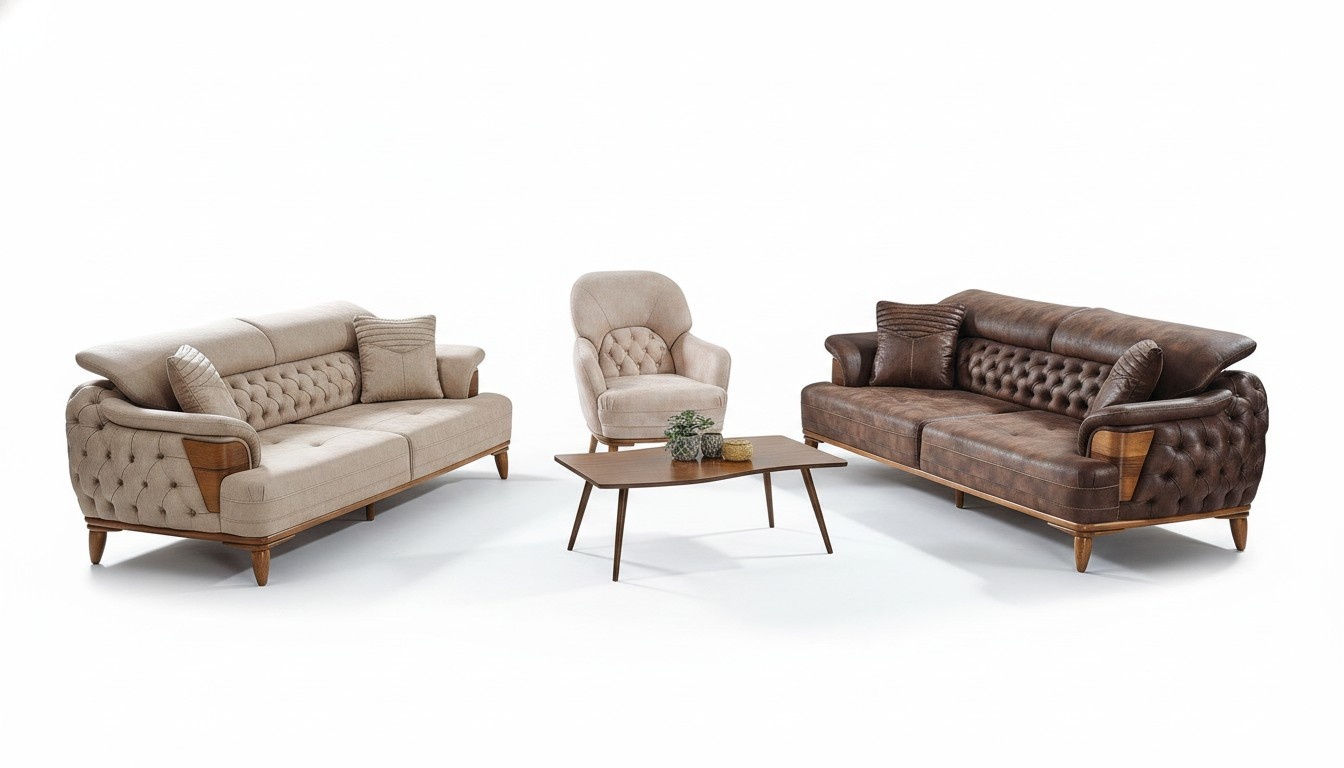Sofagarnitur 3+3+1 Holz Wohnzimmer Luxus Sofa Chesterfield Komplett