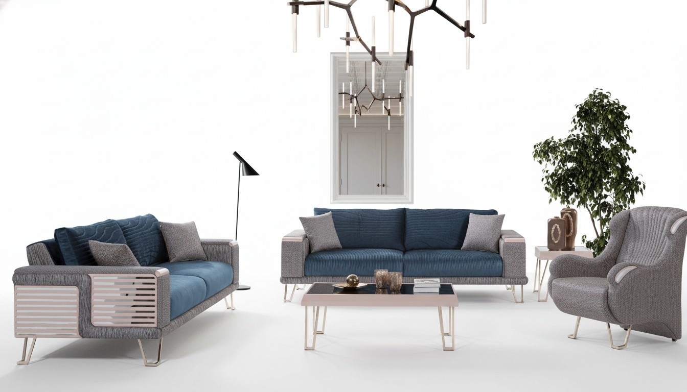Sofagarnitur 3+3+1 Sitzer + Couchtisch Modern Textil Komplett Blau