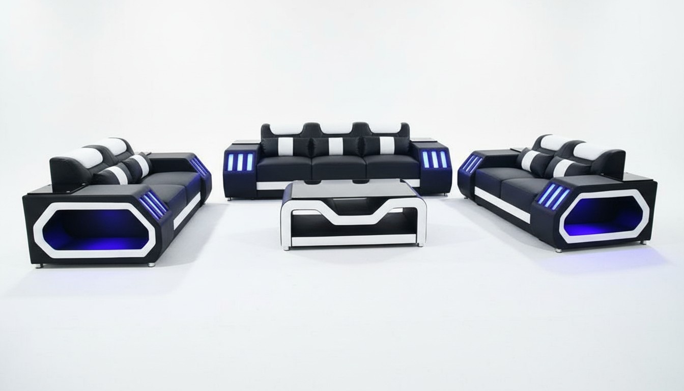 Sofagarnitur Beleuchtete Couch Set 3+2+2 + Tisch Ledersofa Sitz Design Polster