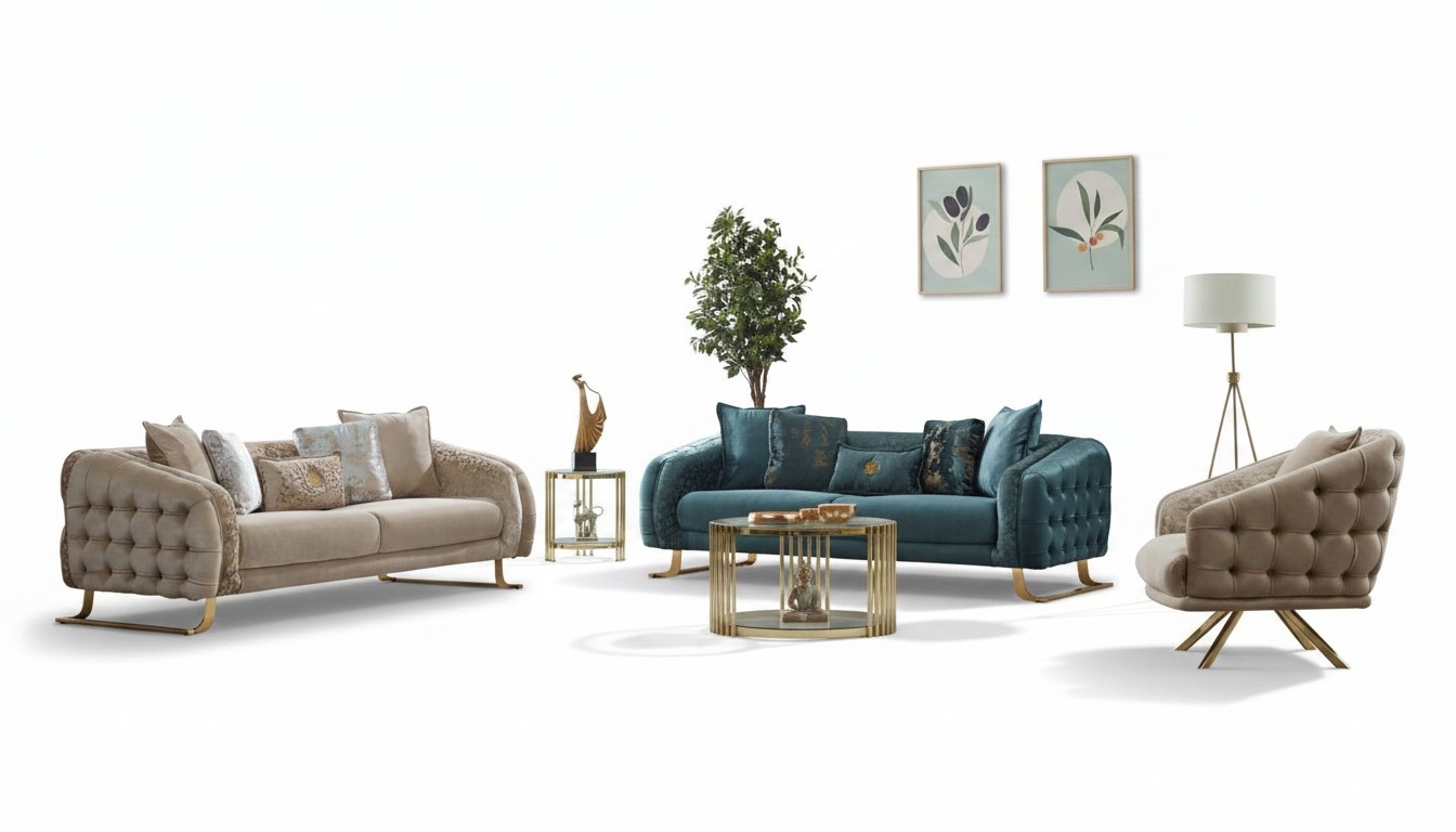 Sofagarnitur Dreisitzer Sessel Couch Stoff 3tlg Polstersofa Beige Set
