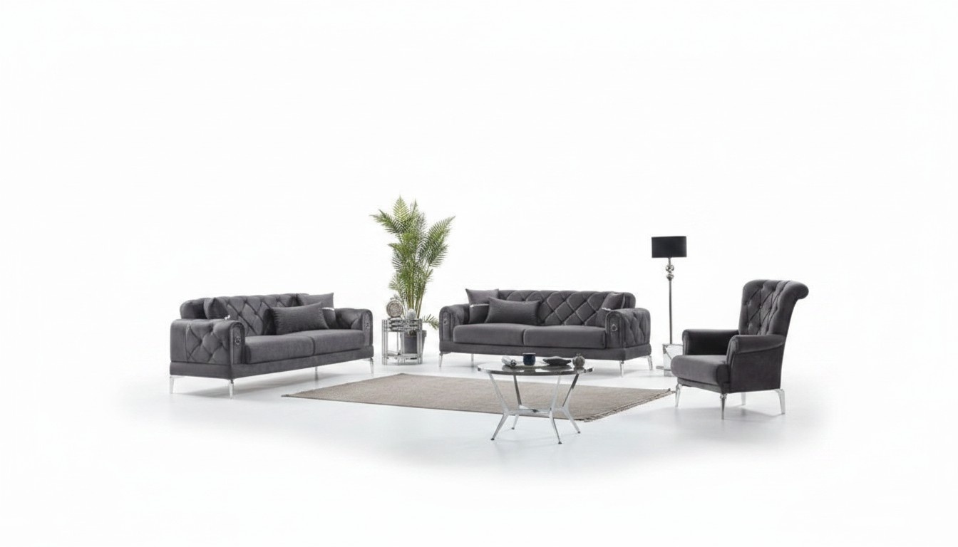 Sofagarnitur Dreisitzer Sofa 3 Sitz Stoff Polstersofa Grau Sessel 3tlg