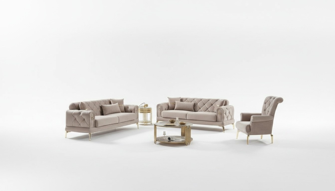 Sofagarnitur Dreisitzer Sofa Stoffsofa Polstersofa Beige Sessel 3tlg