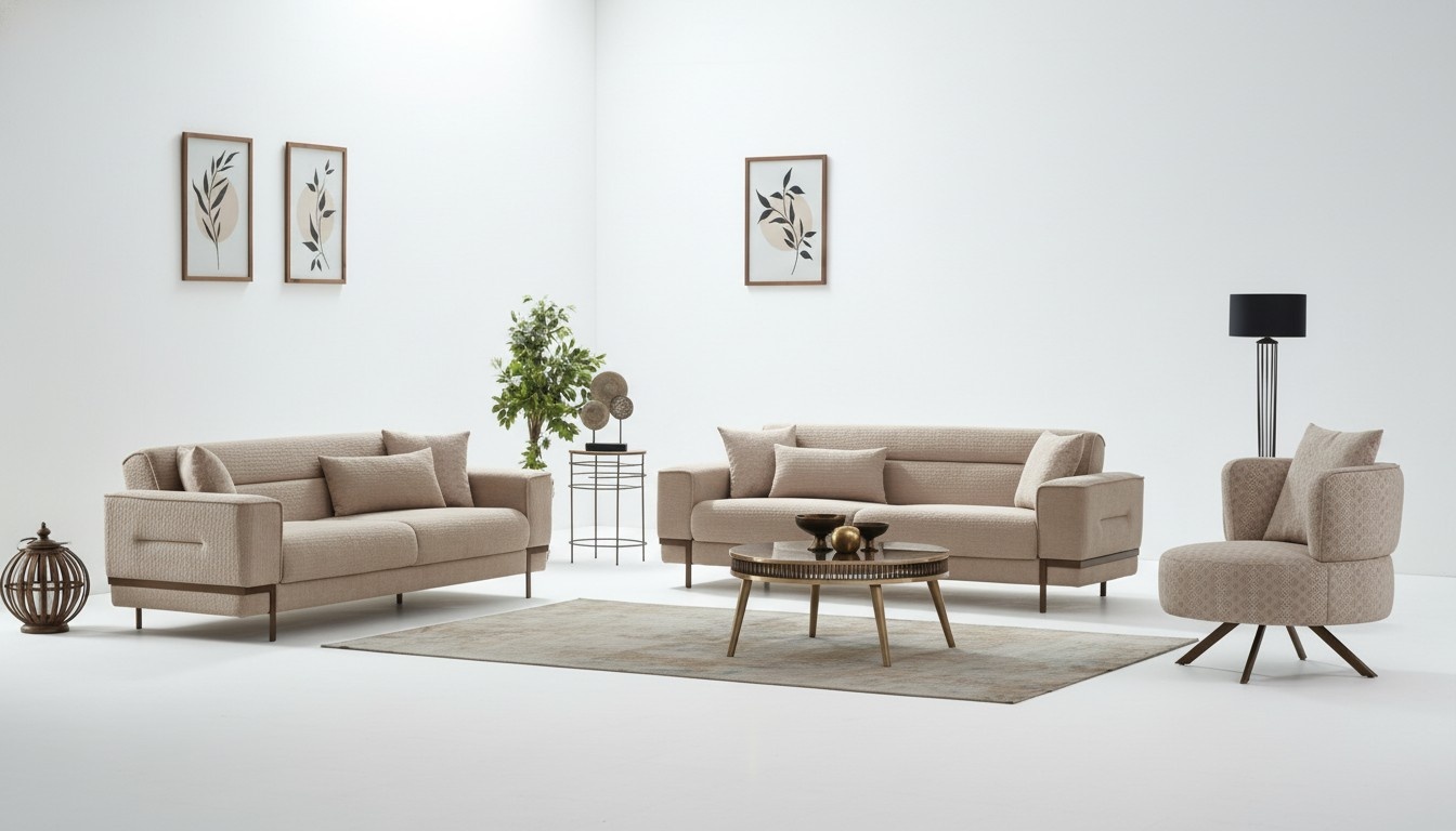 Sofagarnitur Dreisitzer Sofa Stoffsofa Polstersofa Beige Sessel 3tlg