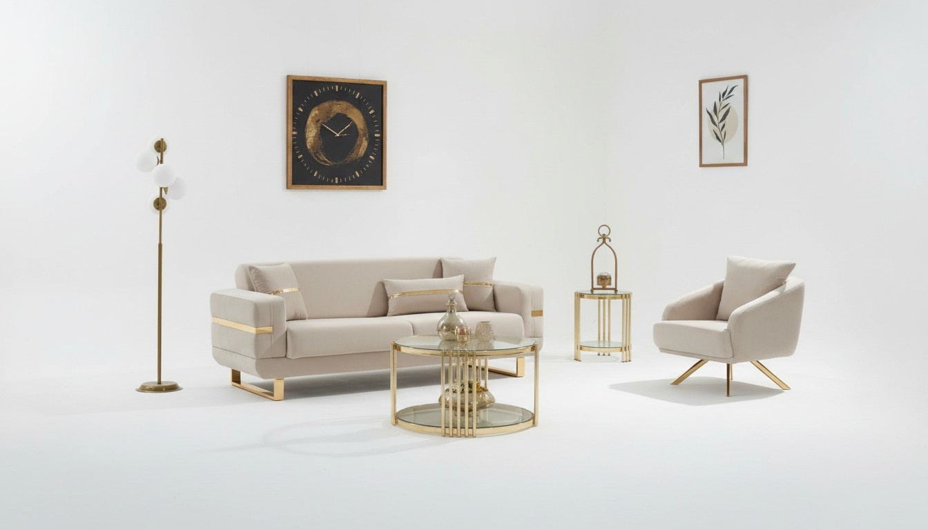 Sofagarnitur Dreisitzer Sofa Stoffsofa Polstersofa Beige Sessel 2tlg