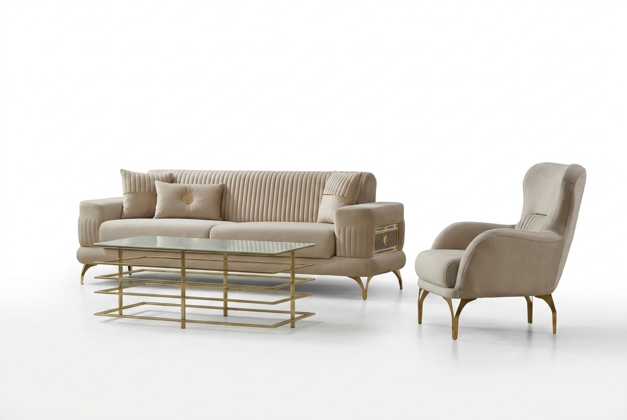 Sofagarnitur Dreisitzer Sofa Stoffsofa Polstersofa Beige Sessel 2tlg