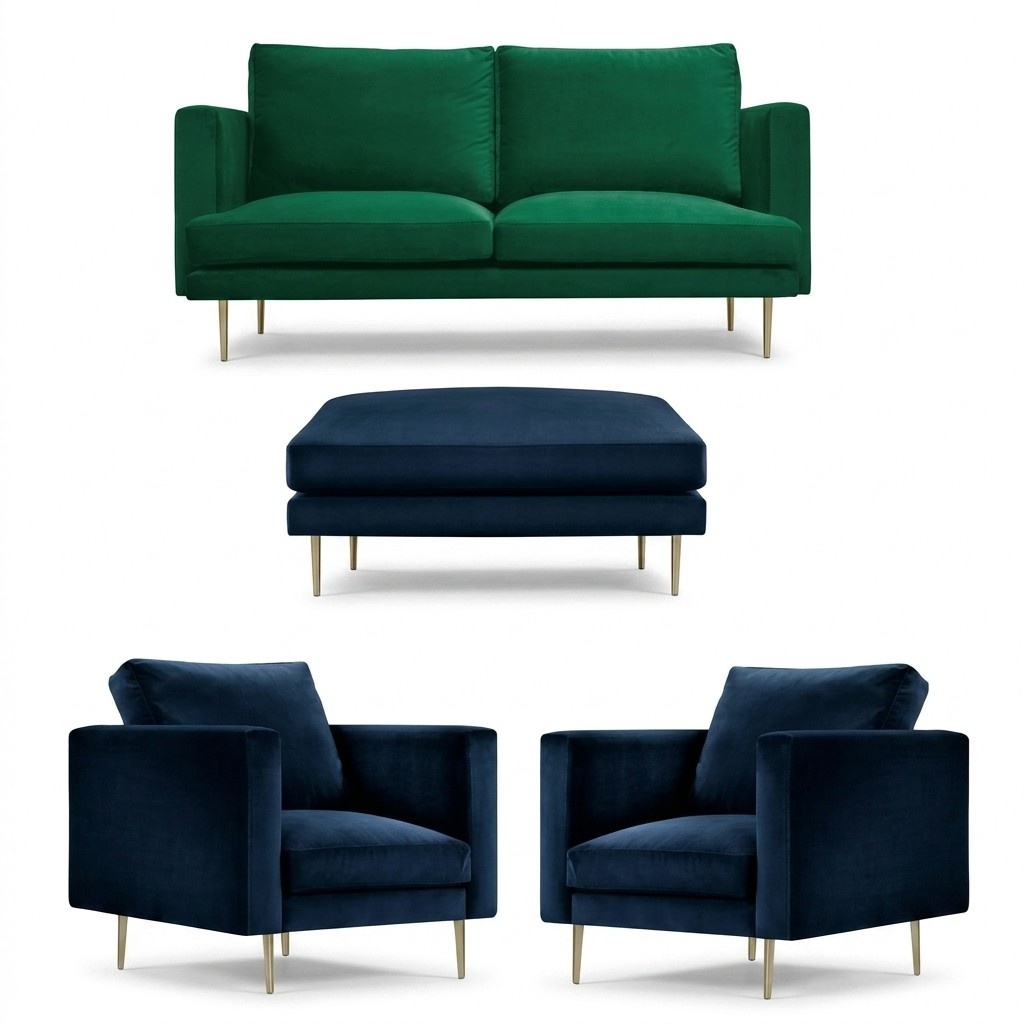 Sofagarnitur GrÃ¼n Hocker Sessel Wohnzimmer Gruppe MÃ¶bel Textil Stoff Sofas Neu