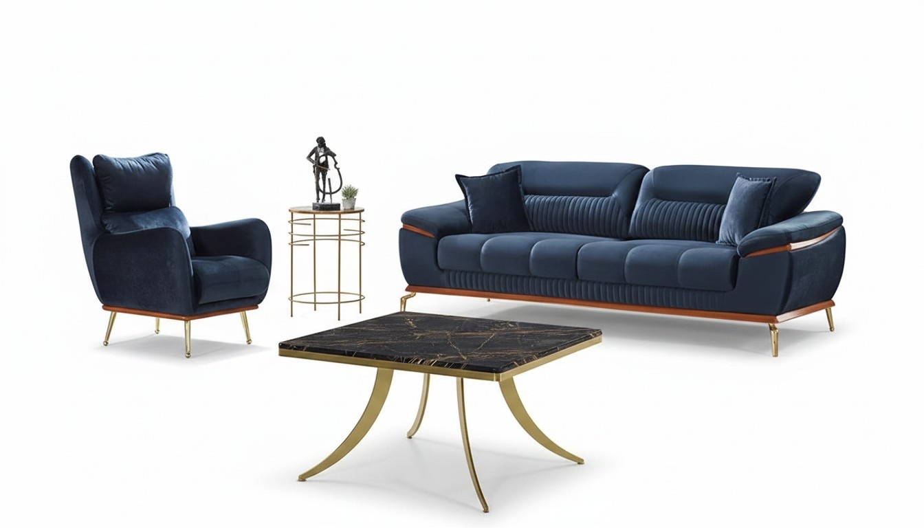 Sofagarnitur Komplett 3+1 Sitzer Wohnzimmer Textil Blau Modern PolstermÃ¶bel